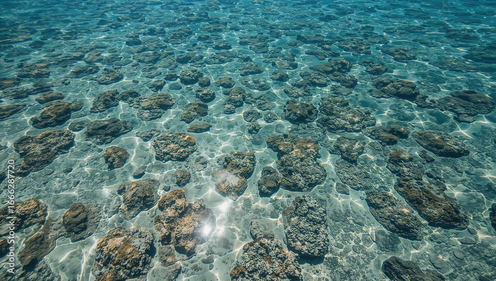 Fototapeta premium Stunning underwater view of clear water over vibrant coral formations and shimmering sunlight