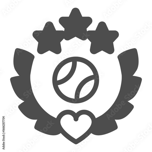 Ball on wreath emblem solid icon, baseball game concept. Vector graphics. Baseball ball with branches, heart and stars sign on white background, glyph style icon for mobile or web design.