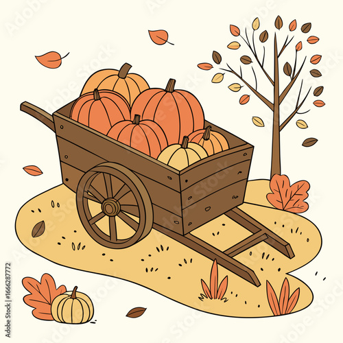 A wooden wheelbarrow filled with orange and yellow pumpkins next to a tree with falling leaves art