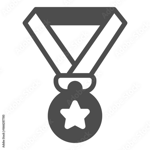 Winner medal with ribbon solid icon, baseball game concept. Vector graphics. Medal with star, sport award sign on white background, glyph style icon for mobile or web design.