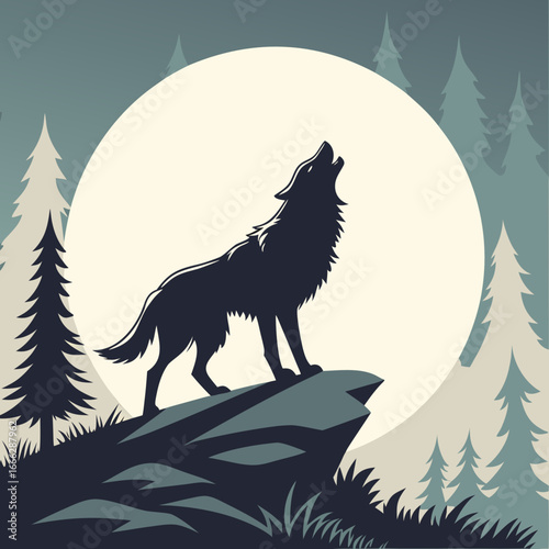Silhouette of a wolf howling at the moon on a rocky outcrop surrounded by evergreen trees in a forest