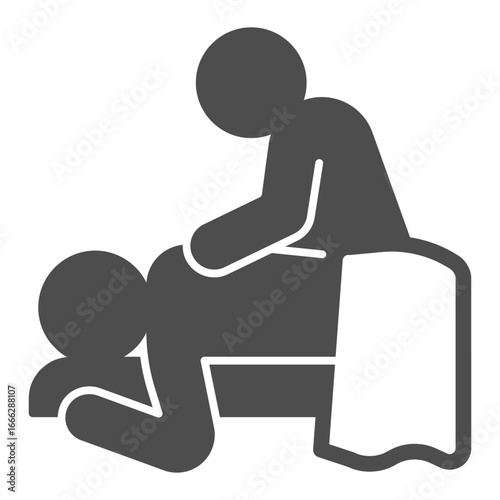 Masseur and man with towel solid icon, spa massage concept. Vector graphics. Massaging client back on bed, therapy sign on white background, glyph style icon for mobile or web design.