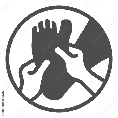 Leg and masseur hands solid icon, spa massage concept. Vector graphics. Massaging art for human foot, therapy sign on white background, glyph style icon for mobile or web design.