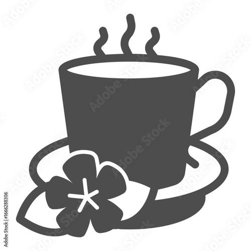 Flower with ceramic cup on saucer solid icon, spa salon concept. Vector graphics. Scented herbal drink cup, aromatherapy sign on white background, glyph style icon for mobile or web design.