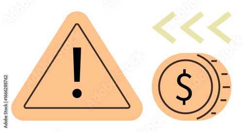 Exclamation-mark caution sign beside dollar coin and arrows representing financial risks or warnings. Ideal for finance, warning, alert, investment, caution, budgeting, saving concepts, simple flat