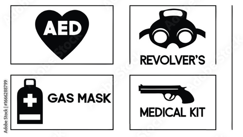 AED gas mask revolver and medical kit icons Keywords: AED, heart, medical, emergency, gas