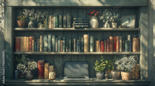 Wallpaper Mural Wooden bookcase filled with books, plants, and a laptop Torontodigital.ca