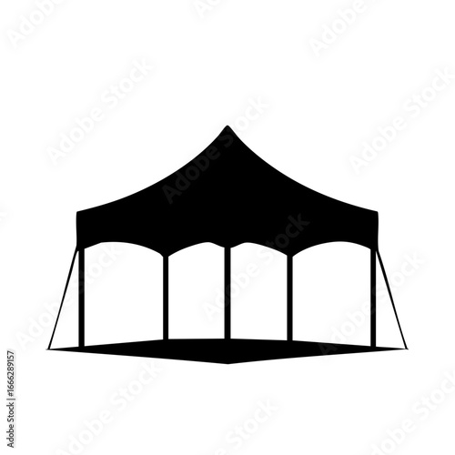 Black outdoor tent with pointed roof and open sides  