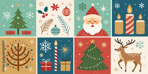 Christmas collage. Christmas themed illustrations of Santa, trees, and decorations  