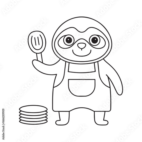 Adorable cartoon sloth wearing an apron and holding a spatula with a stack of pancakes animal character