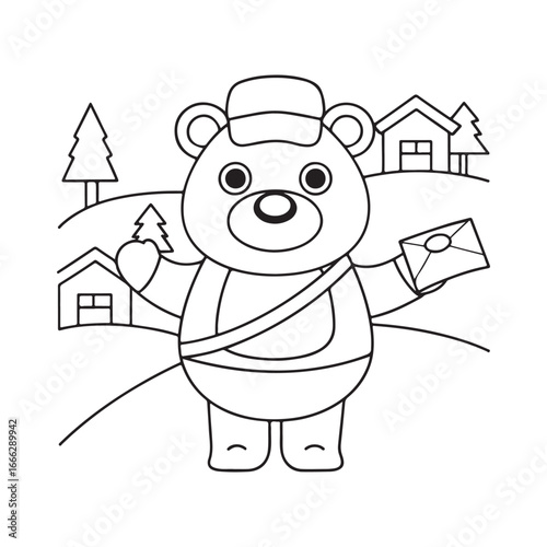 Cartoon bear postman with a mailbag and envelope in a village scene outline animal drawing