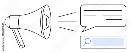 Megaphone amplifies messages into a speech bubble near a search bar. Ideal for marketing, advertising, communication, promotion, announcement, customer feedback, simple landing page
