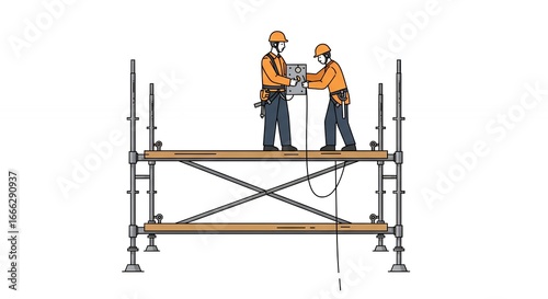 Two Construction Workers Installing Equipment on Scaffolding
