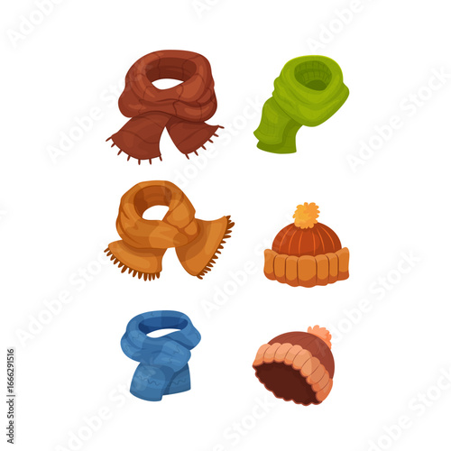 Vector collection with scarves and hats on white background. Autumn and winter clothes.