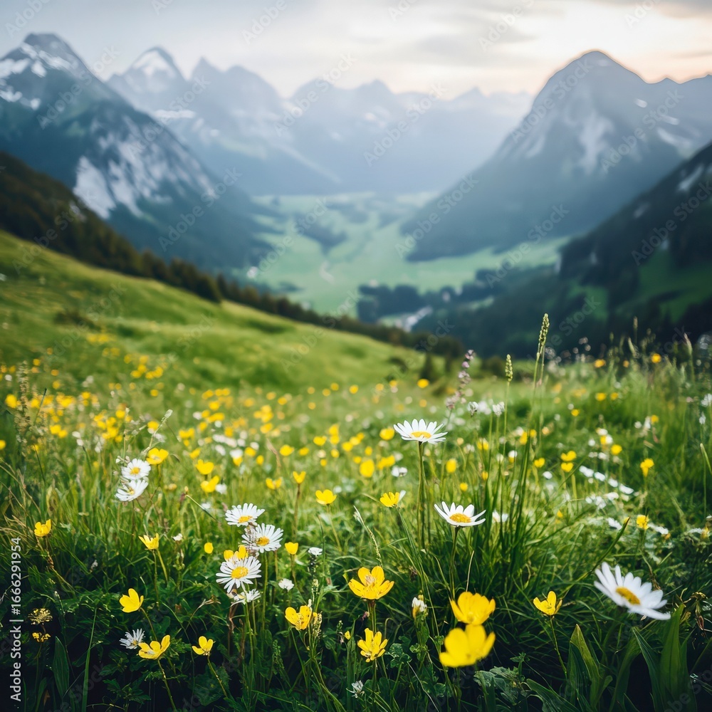 Fototapeta premium Scenic mountain valley wildflowers peaceful outdoor nature landscape seasonal tourism photo