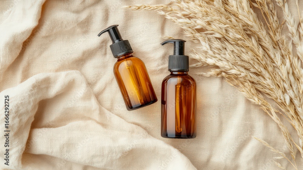 Fototapeta premium Amber glass cosmetic bottles with pump and dropper on beige cloth