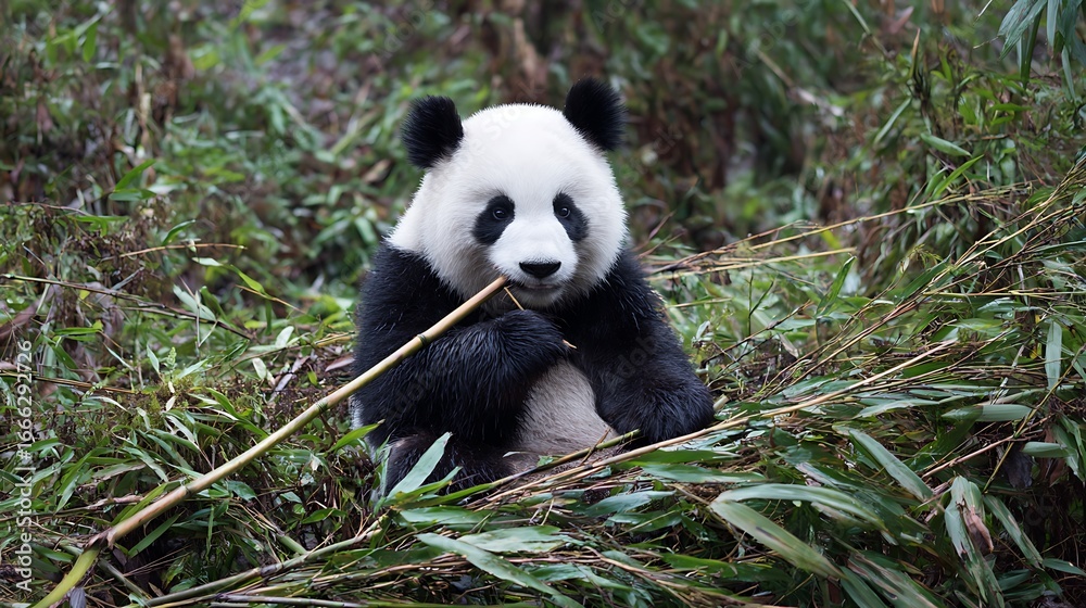 Fototapeta premium Giant panda relaxing amidst bamboo forest munching on a stalk Serene wildlife scene of this endangered animal in its natural habitat
