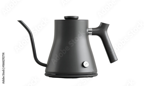 Dark gray, sleek, modern electric kettle.  Features a tapered body, long spout, and ergonomic handle