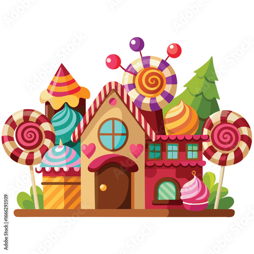 Whimsical candy village with swirl lollipops and cupcakes
