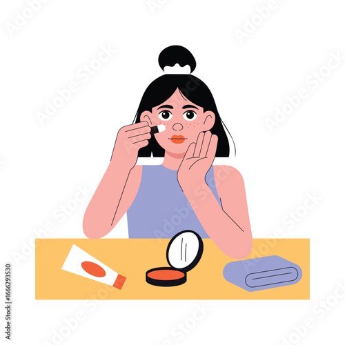Dabbing Concealer On Blemish Flat Illustration. EPS 10 file 