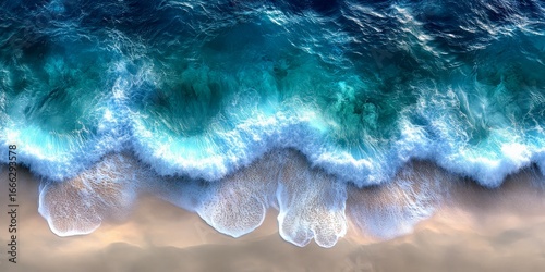 Calm turquoise waves touch pristine beach from above wide perspective
