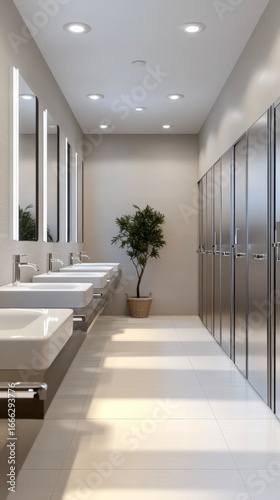 Clean restroom interior with tiled walls lighting and stalls