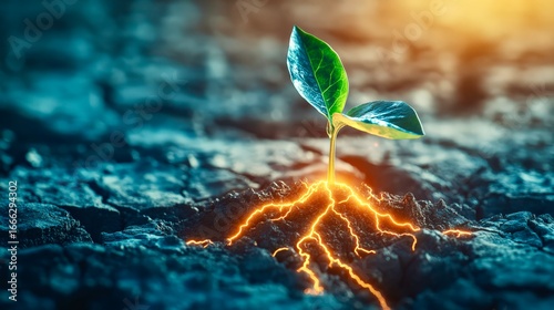 Seedling glowing crack lightning futuristic nature symbolic power energy growth