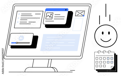 Computer monitor showcasing files, email, video player, and calendar with smiling face icon. Ideal for productivity, teamwork, planning, workflow, digital tools collaboration simple flat metaphor