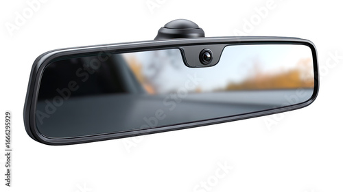A modern, digital car rearview mirror with a built-in camera, showing a blurred background of a road and trees