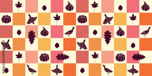 seamless vector pattern with pumpkins, autumn leaves, birds and geometric squares for fabric wrapping wallpaper and festive decoration