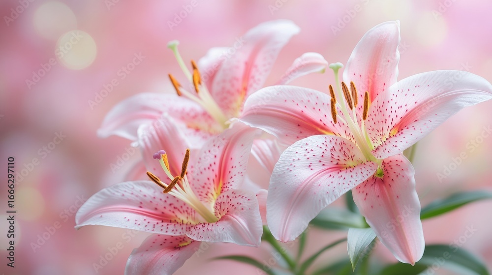 Fototapeta premium Close-up of pale pink lilies with speckled petals and yellow-green stamens against a soft bokeh background.