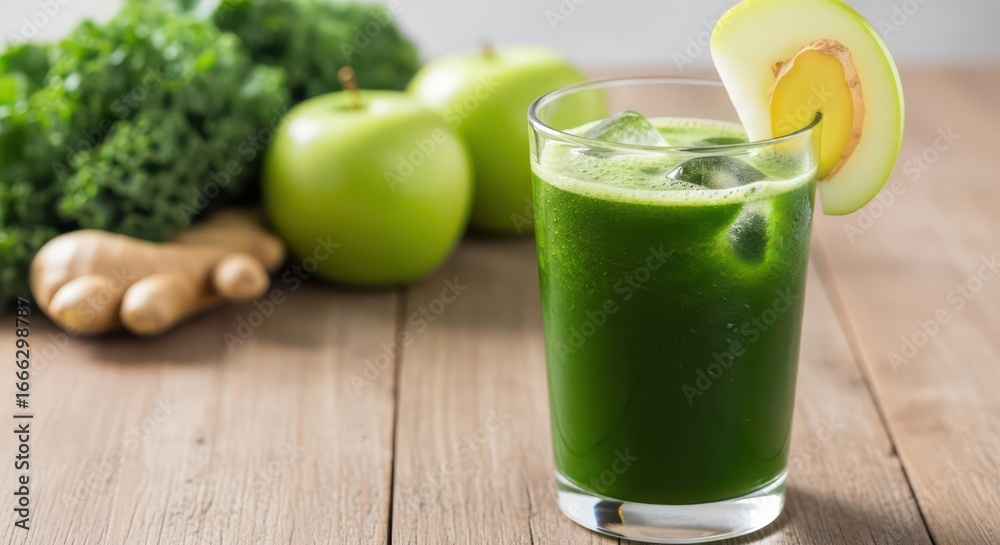 Refreshing Green Juice with Apple and Ginger Garnish on Wooden Surface Refreshing Green Juice with Apple and Ginger Garnish on Wooden Surface