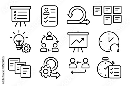 Agile and scrum outline icon set for project management. Business workflow, sprint planning, and kanban board process icons. Development life cycle and teamwork symbols.