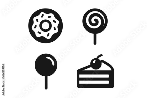 Bakery and sweets solid icon set. Donut, lollipop, and cake icons. Vector dessert symbols for pastry shop menu. Confectionery, candy, and junk food pictograms collection.