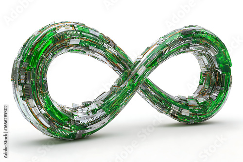 Stunning 3D infinity loop made of intricate circuit boards, representing technology, innovation, and limitless potential