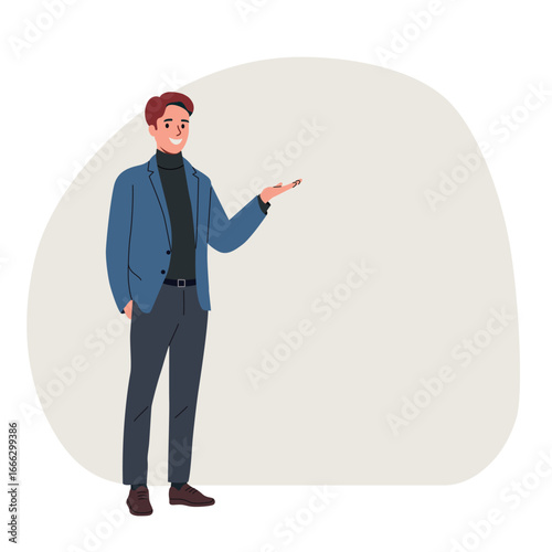   Man point up at good deal and advices use this copy space. Vector flat style cartoon illustration