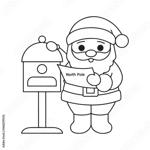 Santa Claus holding a letter to the North Pole next to a mailbox in a line drawing christmas holiday