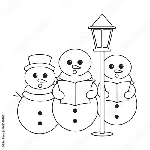 Three cartoon snowmen wearing scarves and hats singing from books next to a lamppost winter caroling