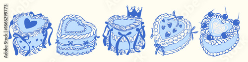 Set of Hand Drawn Vintage Heart Cakes with Bows, Fruits, and Crown. Coquette Aesthetic Illustration.