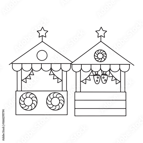 Two Outline Cartoon Market Stalls with Bunting and Festive Decorations fairground festival