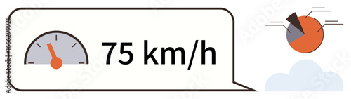 Speedometer reading 75 kmh paired with a pie chart and clouds, conveying speed, data, analytics, performance, measurement, efficiency, technology, and progress in a simple flat metaphor
