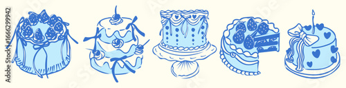 Hand drawn coquette vintage cake illustration set featuring layered cakes decorated with strawberries, whipped cream, ribbons, bows, cherries, hearts, and a birthday candle. Cute girly dessert clipart