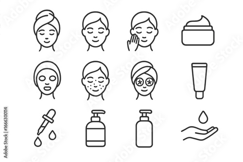 Beauty and skin care outline icon set. Facial treatment, cosmetic and health collection. Vector symbols of face mask, cleansing, acne, serum, cream and spa procedure.