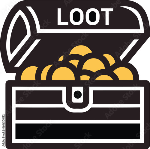 Treasure Chest With Gold Coins And Loot Text Icon – Wealth, Fortune, Riches, Reward, Jackpot, Money, and Treasure Box Vector Illustration.