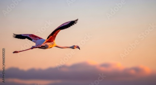 Pink flamingo in flight at sunset