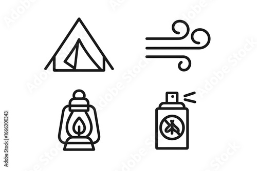 Camping and survival outline icons set. Tent shelter, wind weather, lantern light, and bug repellent spray symbols. Vector graphic collection for outdoor adventure and hiking.