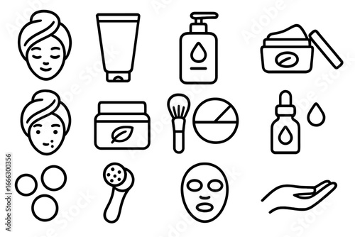 Beauty and skincare outline icon set. Cosmetic personal care symbols collection. Vector line art for face treatment, acne, cream, lotion, serum, mask, and routine.