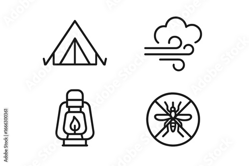 Camping and survival outline icons set. Vector symbols for outdoor adventure and hiking. Includes tent for shelter, windproof weather sign, lantern, and anti-mosquito bug repellent.