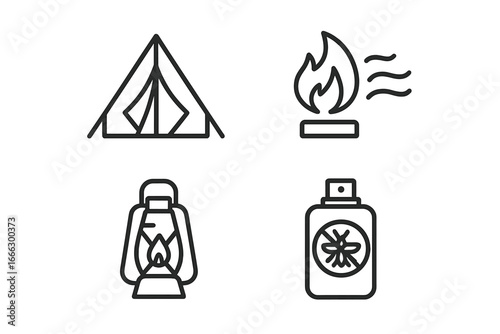 Camping and survival icon set. Outdoor adventure and hiking outline symbols. Vector collection with tent, windproof campfire, kerosene lantern, and mosquito repellent spray.