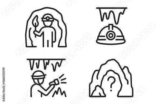 Cave adventure line icons set. Spelunking and exploration graphics. Caver with torch and flashlight exploring underground. Mystery and discovery concept vector outline symbols.